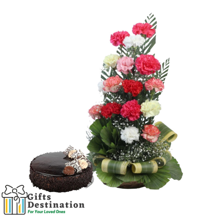 Carnation Arrangement with Chocolate Cake