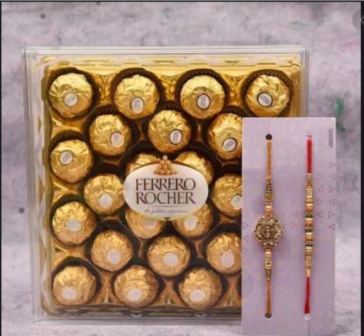 Set of 2 Kundan & Beads Rakhi with Ferrero Rocher Chocolates (24 Pcs)