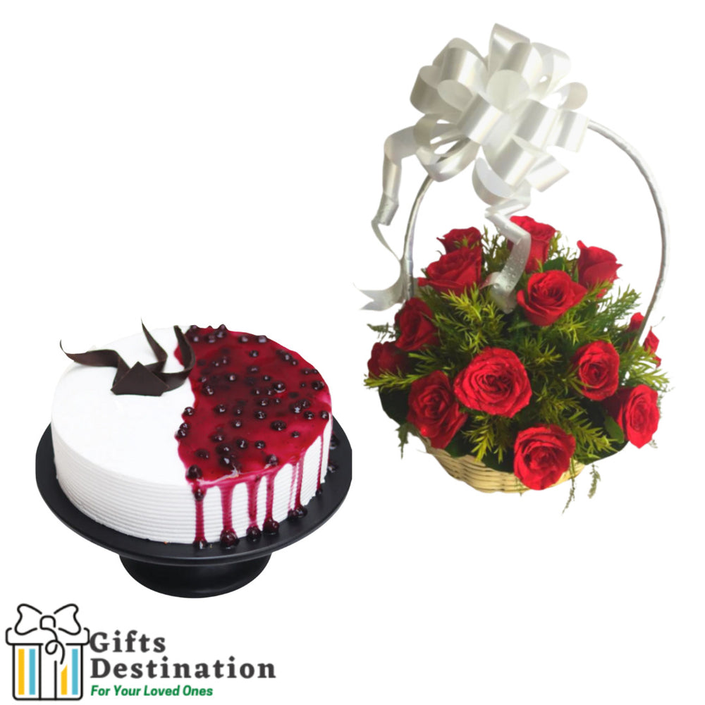 Red Roses Basket Arrangement with Blueberry Cake