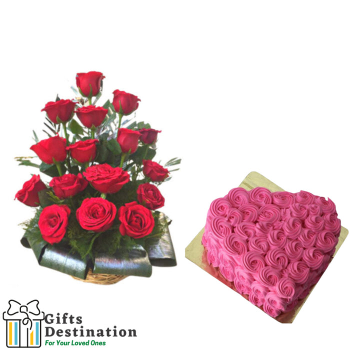 Pink Rose Cake & Red Roses Basket