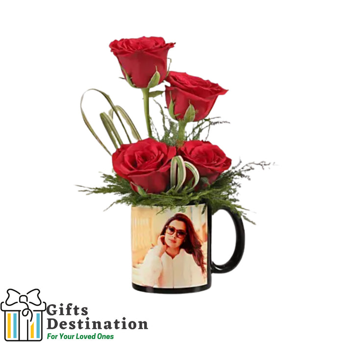 Red Roses in Personalised Black Mug