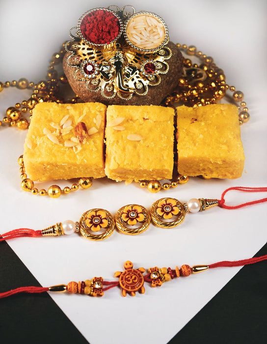 Batisa Slice Paired With Om and Beads Rakhi Set and thali