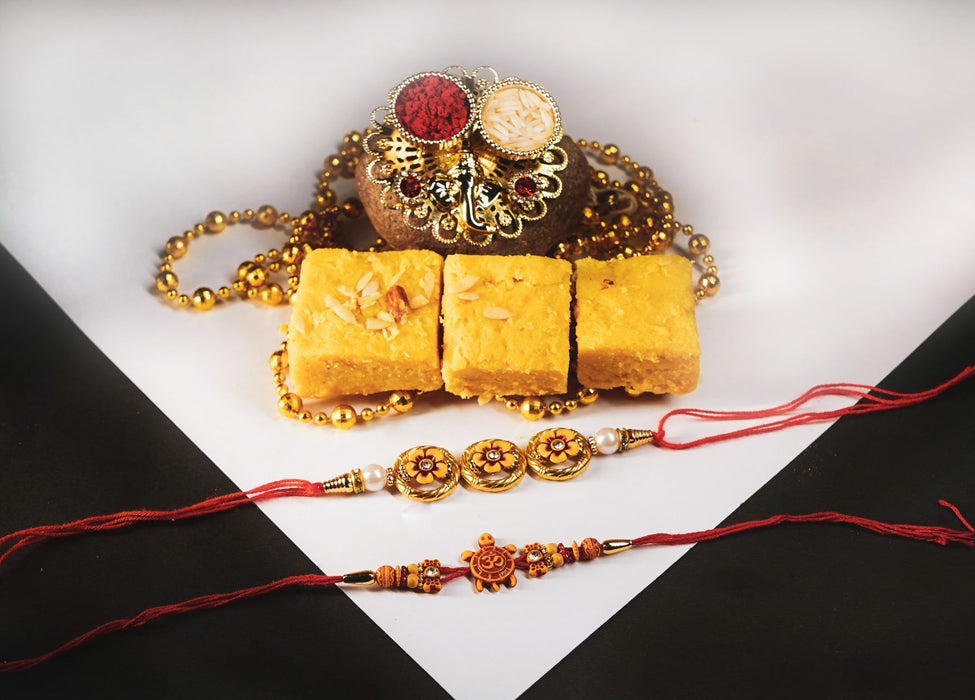 Batisa Slice Paired With Om and Beads Rakhi Set and thali