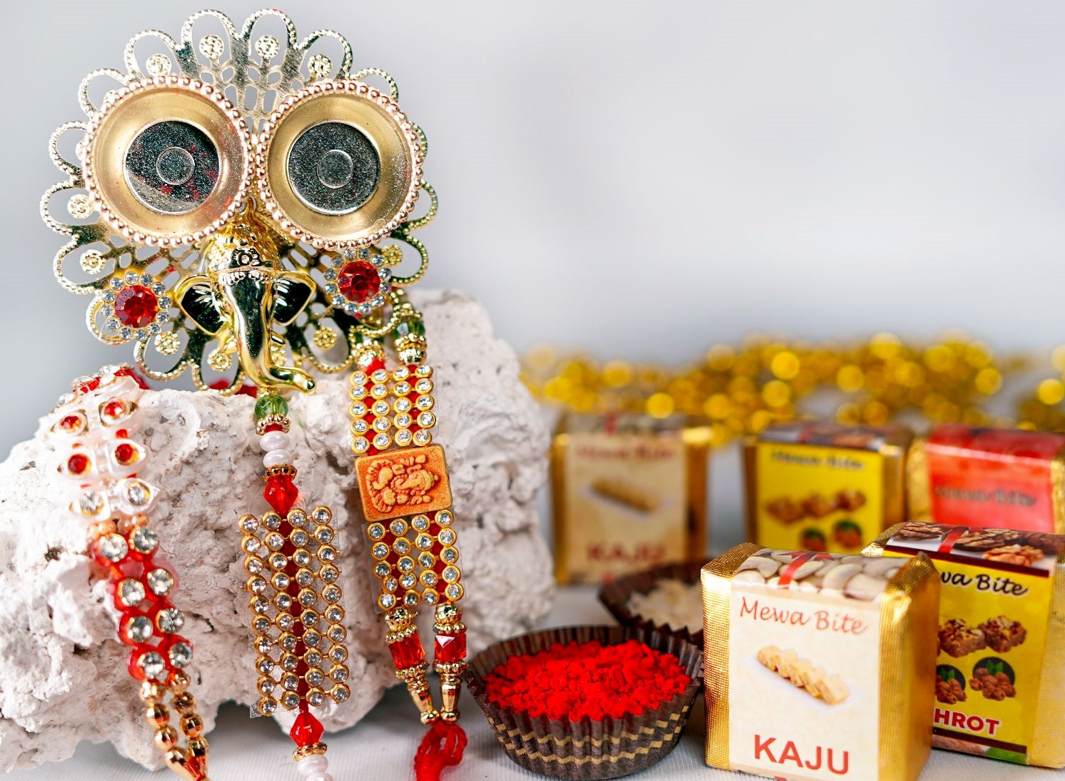 Set of 3 Crystal & Pearl Rakhi with Mewa Bites and Thali