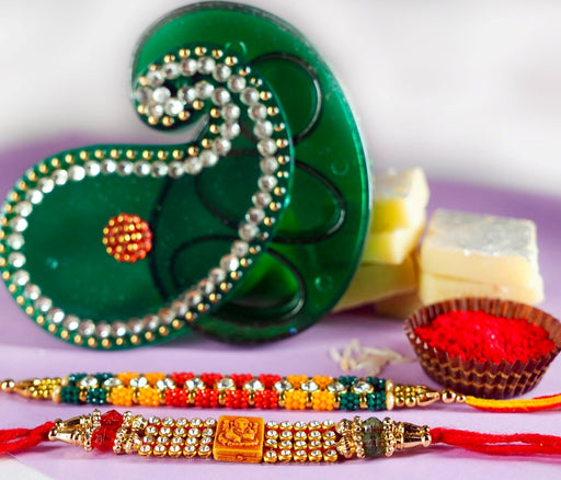 Designer Ganesha Beads and Diamonte Rakhi with Kaju Barfi and Thali