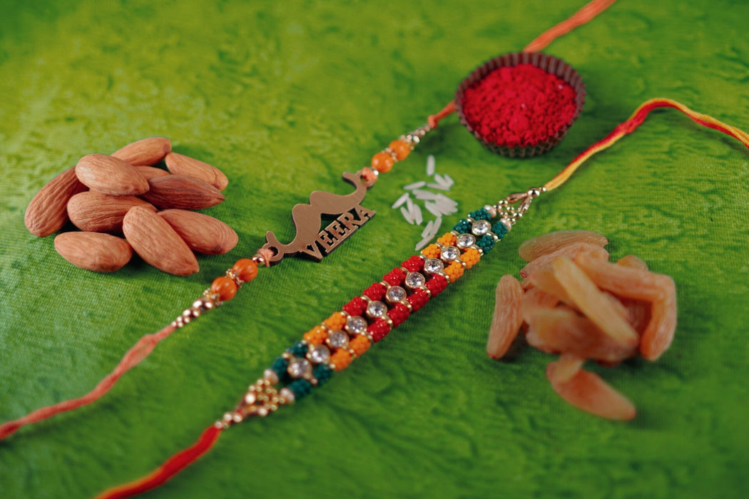 Beads Rakhi -Diamonte Rakhi & Beads Rakhi - Veera Rakhi With Sogi & Badam 100gm each