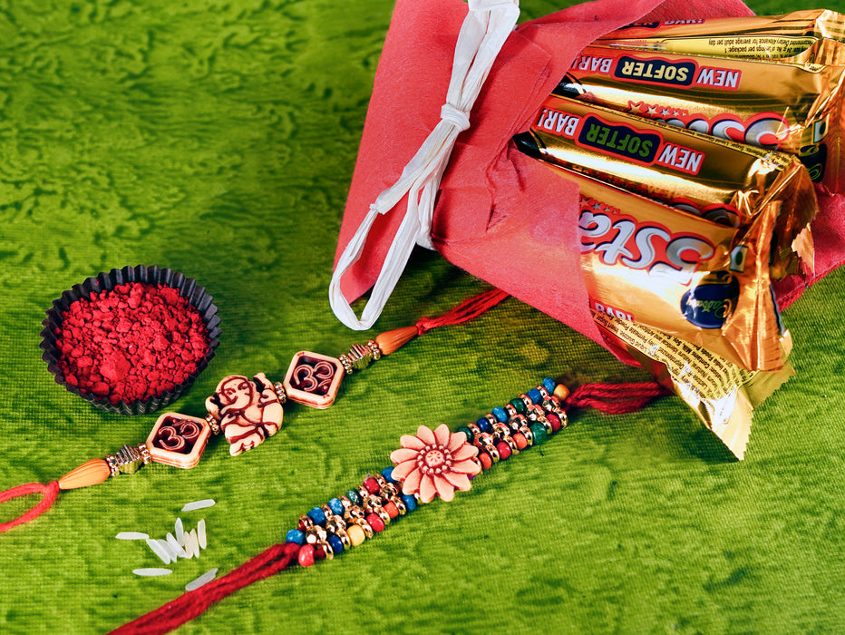 Beads Rakhi - Ganesha Rakhi & Beads Rakhi Floral With 5 Star chocolate gift wrapped