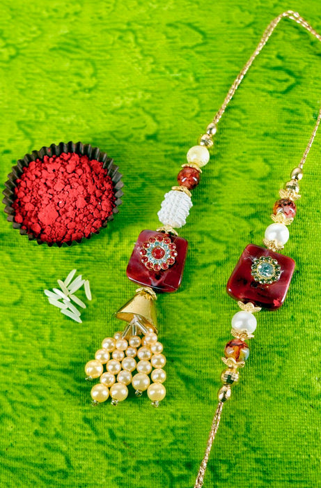 Pair Rakhi- Floral Red & White beads Bhaiya Bhabhi Rakhi