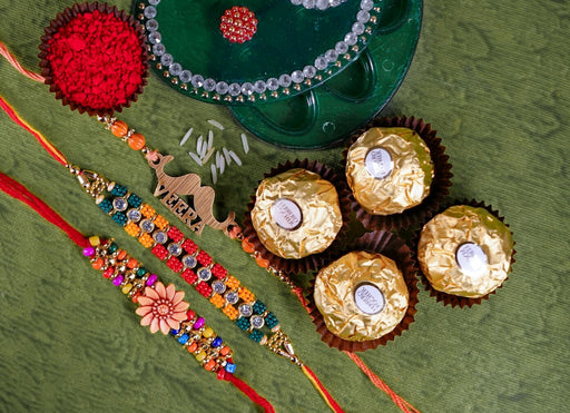 3 Rakhi Set with Ferrero Rocher and Thali