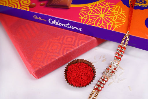 Beads Rakhi- Red Thread Rakhi With Celebration Box
