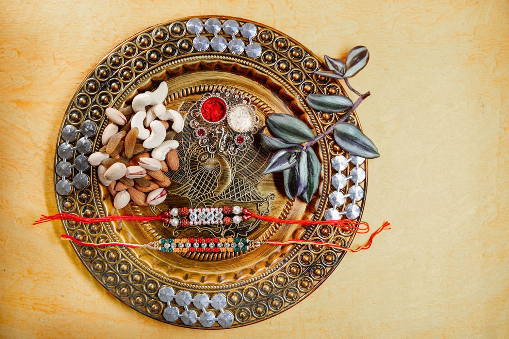 Beads and Rudraksh Rakhi With Mix Dry Fruit and Thali