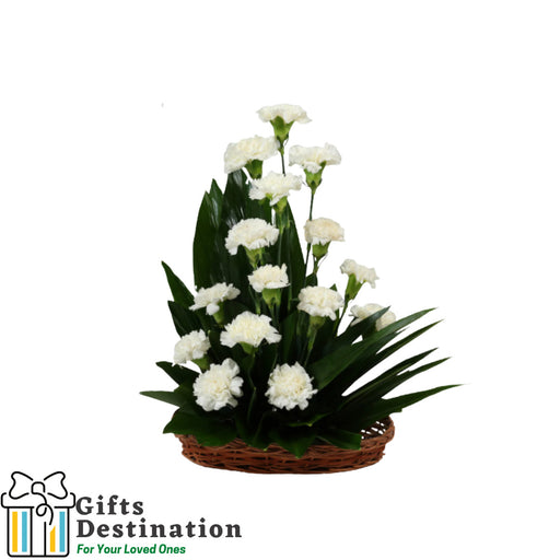 White Carnations Cane Basket Arrangement