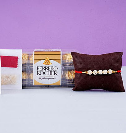 Fancy Golden Pearl Rakhi And 16 Pcs Ferrero Rocher