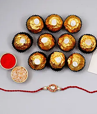 Beautiful Red Kundan Drops Rakhi And 12 Pcs Ferrero Rocher